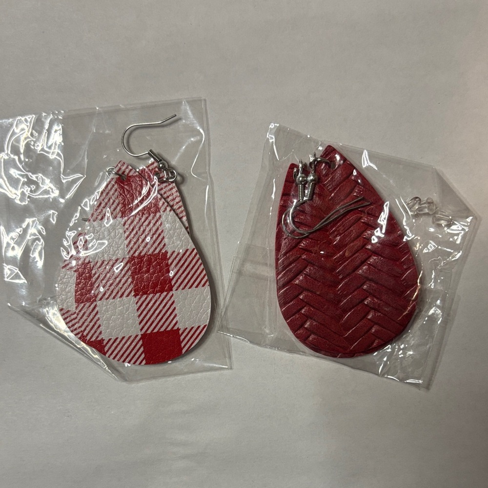 Faux Leather earrings Red and White Teardrop Set